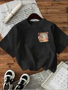 | Exquisite Design | Loose And Comfortable | Easy To Match | [Double-Sided Print] Women's Spring And Summer Top, Pure Cotton Women's T-Shirt, Sunset Coconut Tree Print, Short Sleeve, Vintage Style, Casual, Comfortable, Breathable, For Everyday Wear [Hong Kong] - 黑色 - 查看 2