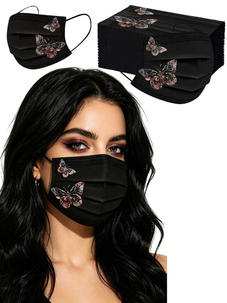 3D Schwarze Einwegmaske mit 4 Schichten und Bogen-Design für Gesichtsform-Passform, mit verstärkten elastischen Ohrschlaufen und Nasenbrücken-Clip - 100/20 Stücke, preiswert für den Heimkauf in großen Mengen, geeignet für Reisen, Outdoor-Aktivitäten, tägliches Tragen und Büroanwendung - A - Übersicht 1
