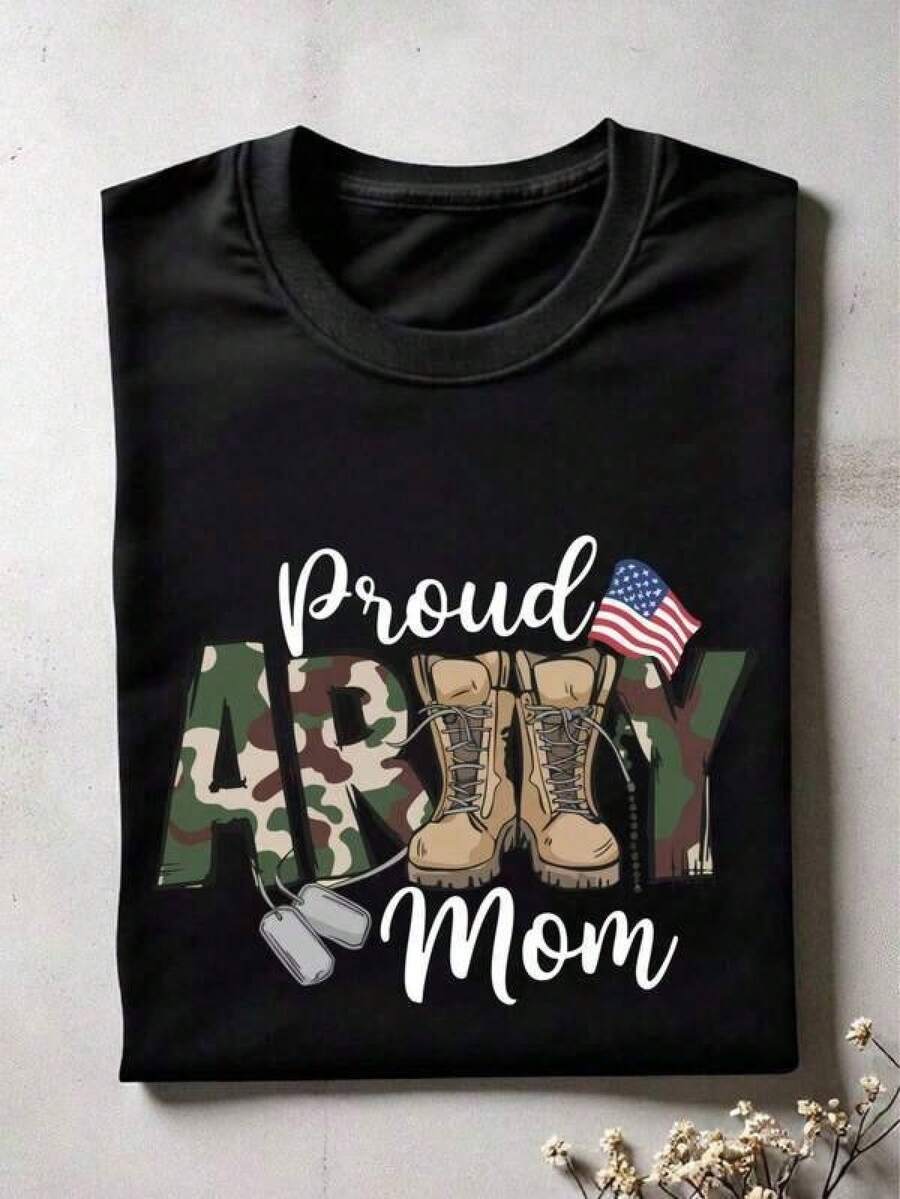 Cotton Graphic T-Shirt, Plus Sizes, Proud Military Mom T-Shirt, Soldier Mom T-Shirt, Military Mom Gift T-Shirt, Military Graduation T-Shirt For Mom CG-228, Y2K, Men's Oversized T-Shirt, Summer T-Shirts, Women's Casual Printed T-Shirt, Short Sleeve And Round Neck, Local Urban Fashion Spring/Summer. - 黑色 - 查看 1