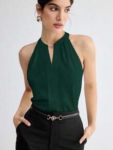 Camiseta de tirantes elegante con cuello de ojo de cerradura de unicolor, versátil para ir al trabajo, uso diario, retro romántico de los 90, adecuada para Navidad, Año Nuevo, San Valentín, fiesta, playa, graduación, moda, carnaval, vacaciones, in - Verde Oscuro - Ver 1