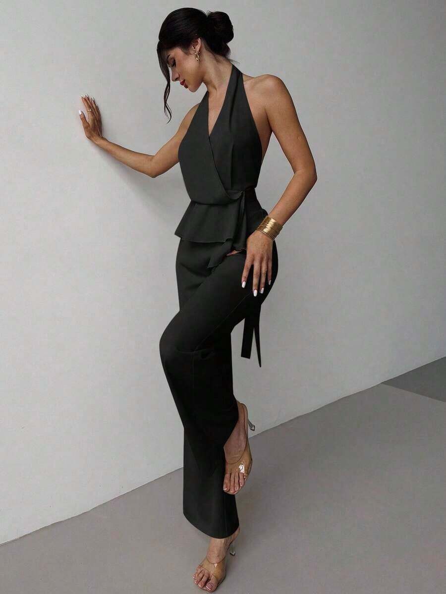 de dos piezas de top sin mangas con cuello en V asimétrico elegante y romántico, y pantalones rectos holgados de color caqui, adecuado para verano, playa, vacaciones - Negro - Ver 1