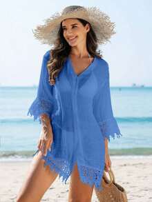 Swim Vcay Kimono cubrecuerpo para damas de un solo color con aplicaciones de encaje y botones delanteros - Celeste - Ver 6
