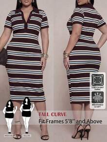 Vestido casual de talla grande para mujer con mangas cortas, rayas y botones con media cartera - Multicolor - Ver 8