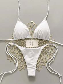 2 piezas Conjunto de traje de baño para mujer, Bikini verde menta con decoración de cuerda hecha a mano - Blanco - Ver 2