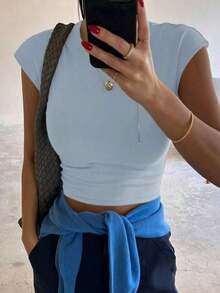 Top corto y ajustado de unicolor de verano para mujer, camiseta informal empresarial - Celeste - Ver 2