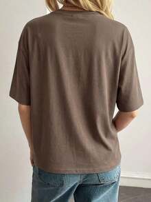 Blusa básica de manga corta, cuello redondo, corte holgado, para mujer, otoño/invierno - Café integral - Ver 2