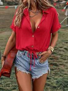 Camisa de verano para mujer, casual, suelta, de un solo botón y unicolor - Rojo - Ver 5