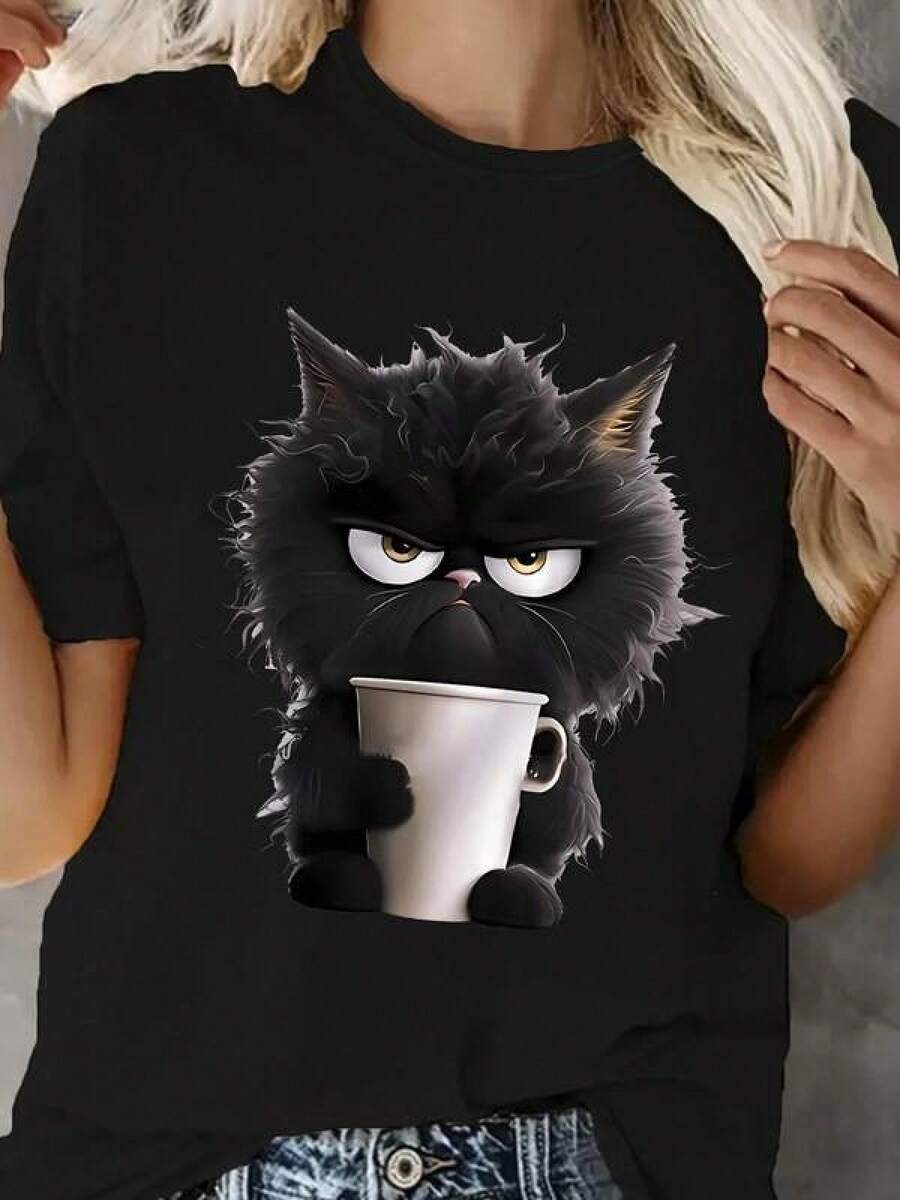 1 Pieza Camiseta Unisex Holgada 180g 100% Algodón Puro, Camiseta única con diseño de gato negro enfadado sosteniendo una taza ideal para amantes de los felinos perfecta para el estilo Y2K destaca por su originalidad y humor lúdico hecha con materiales de alta calidad disponibilidad limitada no te quedes sin la tuya ideal para uso diario, festivales, conciertos y todas las estaciones - Negro - Ver 1