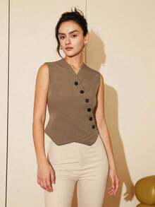 Chaleco corto de mujer de estilo casual de primavera/verano con botones diagonales, estilo de dinero viejo para negocios y ocio - Marrón Mocha 2 - Ver 4