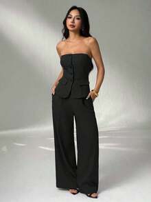 1 Conjunto de Top Camisola Ajustada de unicolor y Pantalones Elegantes para Otoño/Invierno - Negro - Ver 10