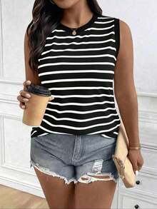 Chaleco sin mangas de mujer de talla grande, casual, de cuello redondo y con estampado de limón, de hombros anchos - Blanco y Negro - Ver 6