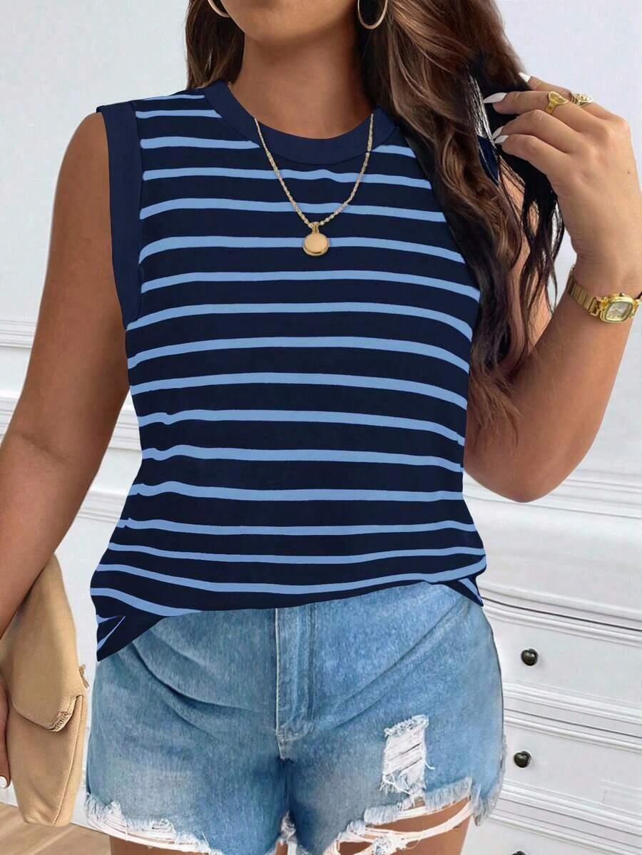 Chaleco sin mangas de mujer de talla grande, casual, de cuello redondo y con estampado de limón, de hombros anchos - Azul marino - Ver 1