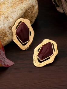 1 Pair Asymmetrical Geometric Shape Stud Earrings, Classic Textured Versatile Daily Wear - Burgundy - View 6