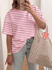 Camiseta casual de cuello redondo a rayas de manga corta, camiseta para mujer de talla grande, verano - Rosa - Ver 6