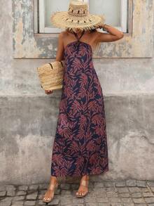 Vestido con estampado, corte con abertura alta, espalda descubierta, atar al cuello y flecos para mujer, vacaciones - Azul - Ver 10