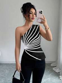 Blusa de punto con estampado de rayas y hombro asimétrico, nueva para el verano de mujer - Negro - Ver 4