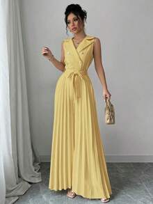 Mono plisado con diseño de chaleco cruzado elegante para mujer, color albaricoque, para primavera y otoño - amarillo ganso - Ver 6