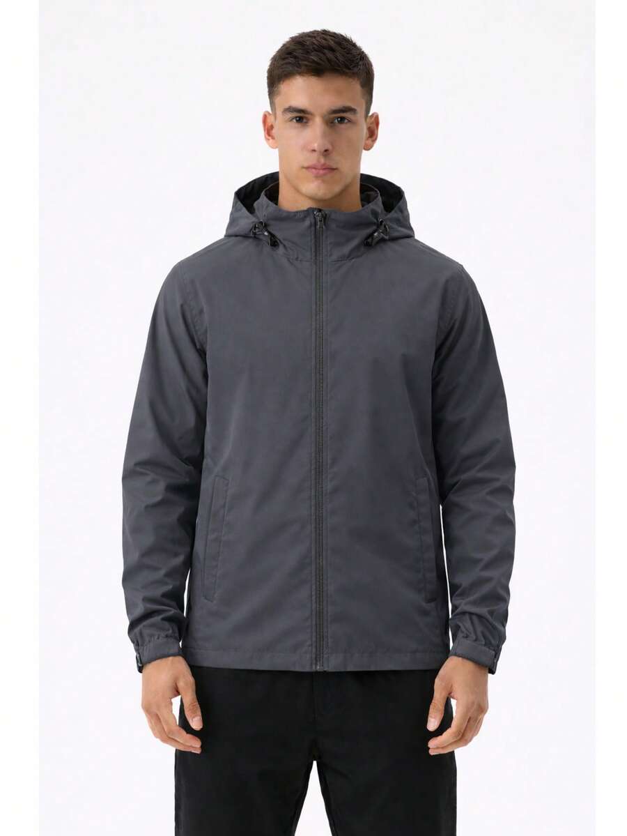 Men's Waterproof Windbreaker With Removable Hood, Sportswear For Gym Or Running - Grey - View 1
