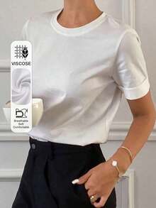 Camiseta casual sencilla de color liso para mujer, uso diario de moda, nueva llegada de otoño - Blanco - Ver 1