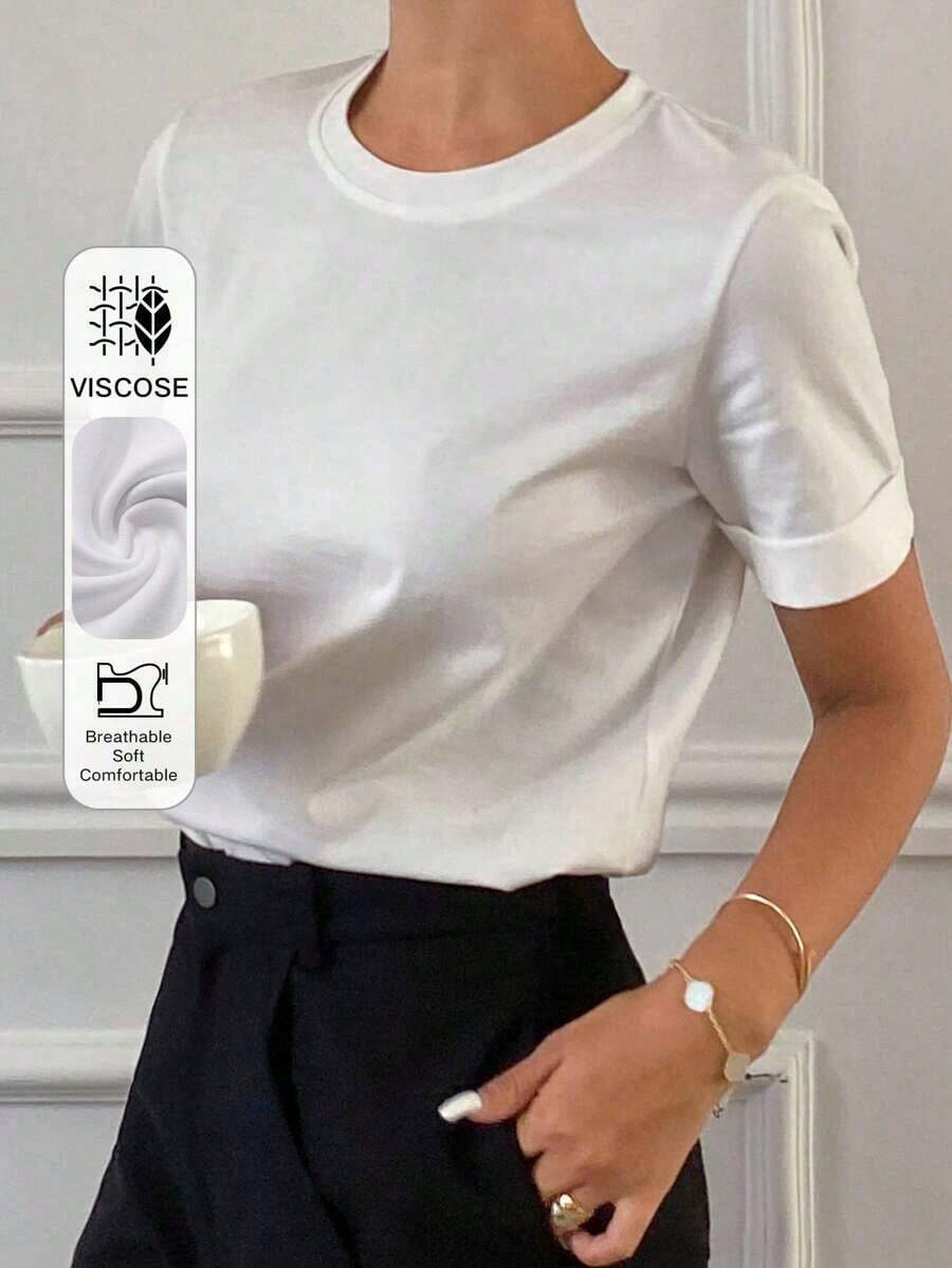 Camiseta casual sencilla de color liso para mujer, uso diario de moda, nueva llegada de otoño - Blanco - Ver 1