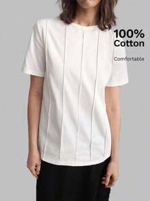 Camiseta casual de mujer de manga corta con cuello redondo, diseño de rayas de palillo de dientes de unicolor, adecuada para uso casual urbano de primavera/verano, moda minimalista, viajes de oficina, sencillez elegante, atuendo para el Día d - Caqui 2 - Ver 5