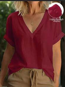 Blusa casual holgada de mujer de unicolor con cuello en V y manga corta - Burdeos - Ver 5