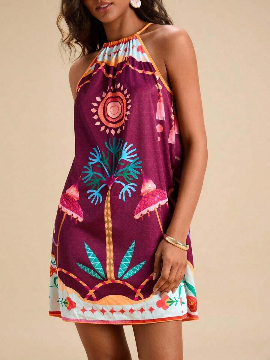 Vestido corto holgado con hombros al descubierto y estampado tejido para mujeres para vacaciones - Multicolor - Ver 1