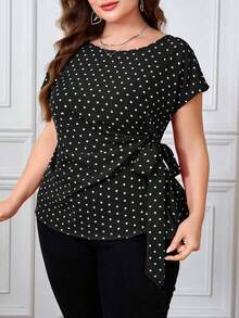 Camisa casual de manga corta con diseño plisado y teñido anudado para mujer de talla grande, adecuada para vacaciones, fiestas y salidas - Blanco y Negro - Ver 6