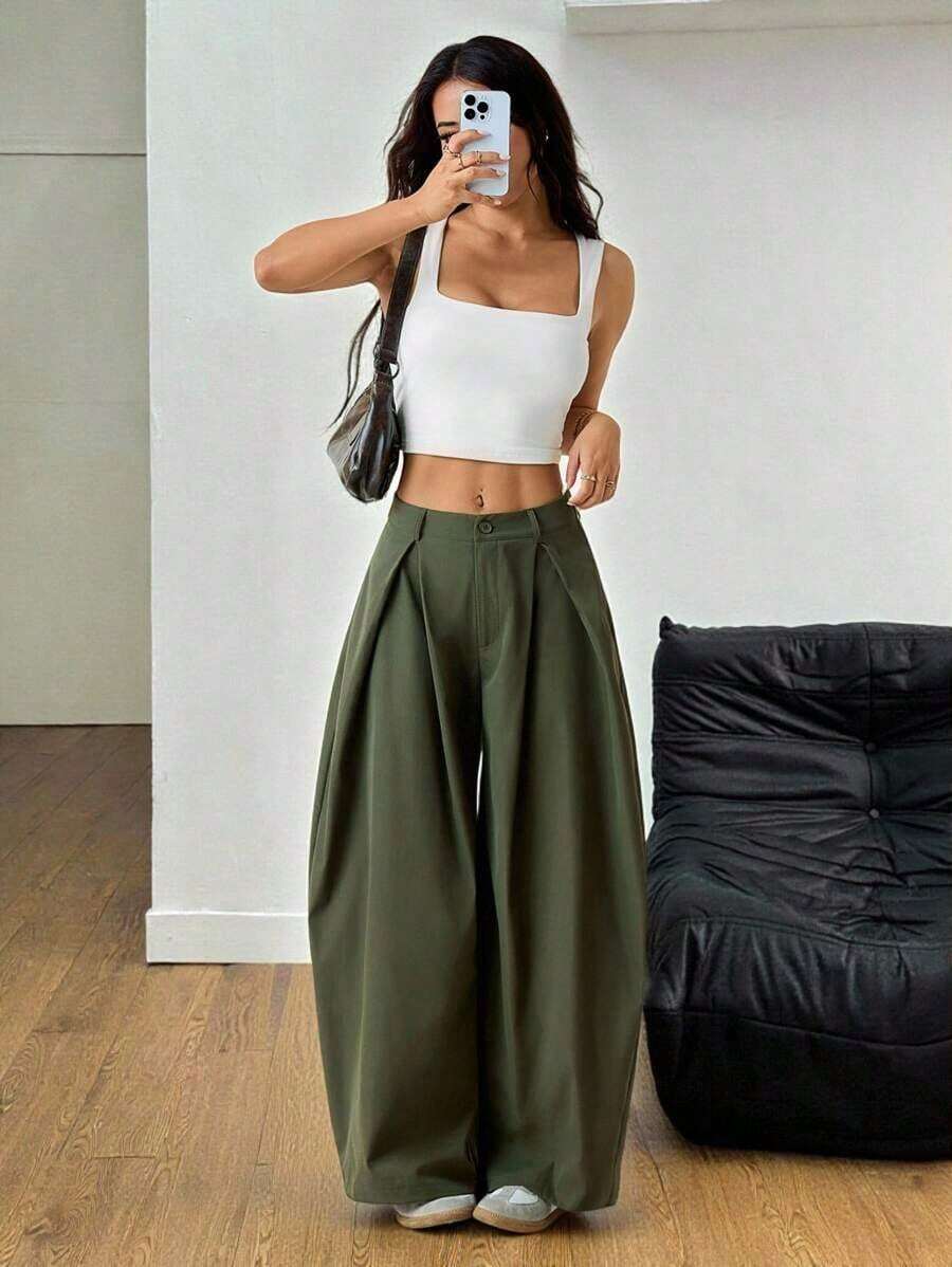 Pantalones anchos de verano con dobladillo curvo verde, estilo vintage, casual y para salir - Verde militar - Ver 1