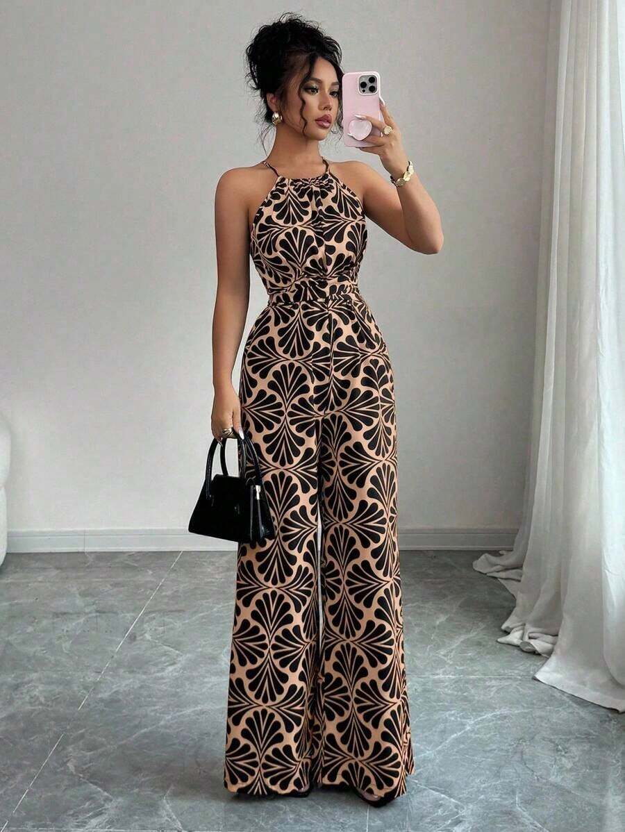 Mono de tela estampada con envolvente frontal para mujer, diseño que define la cintura para usar en ocasiones elegantes, ya sea de fiesta o diario - Marrón 3 - Ver 1
