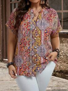 Camisa de manga corta con botones y estampado de estilo bohemio para mujer de talla grande, para primavera y verano - Multicolor 4 - Ver 1