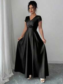Vestido elegante y romántico para mujeres con cuello en V, mangas cortas y cintura ceñida - Negro - Ver 4