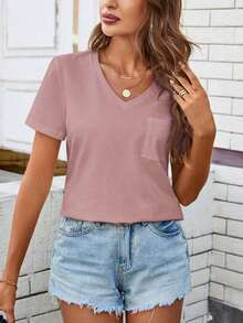 Camiseta de mujer cómoda de algodón, informal, con bolsillo, cuello en V, versátil y de moda - Morado - Ver 3