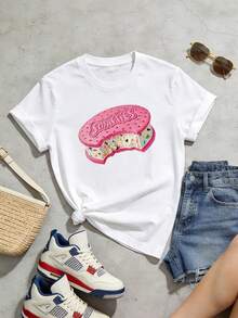 Women's Soft And Casual Short-Sleeved Crew Neck T-Shirt With A Smarties Ice Cream Sandwich Graphic Print, Perfect For Food Lovers In Spring And Summer. Black. - 白色 - 查看 5
