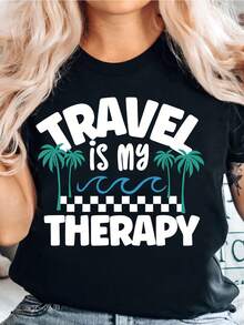 Camiseta Casual de Verano Holgada con Estampado "Viajar es Mi Relajación - Negro - Ver 6
