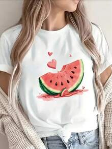 Women's Polyester Short Sleeve T-Shirt With Watermelon Print, Casual Summer Top, Lightweight And Breathable, Ideal For Outdoor Activities And Everyday Wear, With Fun Fruit Design And Comfortable Fit - 白色 - 查看 7