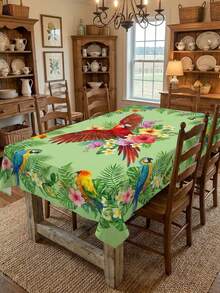 1pc Tropical Rainforest Parrot Print Rectangular Tablecloth, Bright Green Bird & Floral Pattern, Outdoor Picnic Camping Decor, Summer Party Stain-Resistant Home Dining Table Mat - Green - View 6