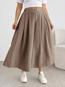 Pantalones/faldas cortas plisadas de cintura elástica, cómodos y sueltos, de estilo básico y versátil, para uso diario, que estilizan la figura, en color albaricoque, para mujeres de talla grande, para primavera/verano - Caqui 3 - Ver 2