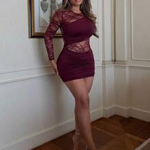 Women's Autumn/Winter New Arrival Mini Dress, Long Sleeve Dress, Wine Red Lace Patchwork Vintage Romantic Sexy Elegant Lady Dress,Dresses For Women Elegant,Black Dress Black See Through Dress Black Sexy Dress Women Women's Dress Dresses For Women Elegant Dresses For Women - Burdeos - Ver 6