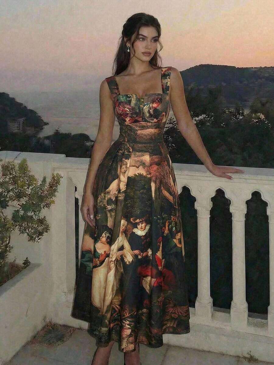 MOD Vestido de mujer estilo palacio vintage con estampado magenta, vestido largo para Año Nuevo, vestido formal, vestido de fiesta, vestido de cumpleaños para mujer, vestido de invitada de boda de otoño, vestido formal floral, vestido de cena para vacaciones, atuendo de cena para mujer, vestidos elegantes para mujer, vestido de vacaciones - Multicolor - Ver 1