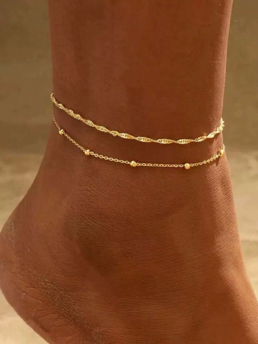 1 chiếc lắc chân nữ vàng 14K kiểu Cuban phối hạt, vòng tay xếp chồng, chống nước, nhẹ, trang sức mùa hè, quà tặng, chống xỉn màu - Vàng - Xem 1