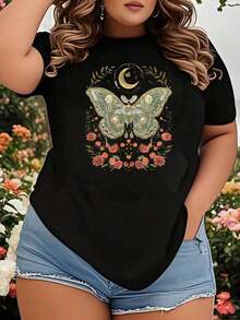 Plus Size T-Shirt With Butterfly, Moon And Flower Design For Women, Casual Summer Top, Nature Inspired Graphic Tee, Boho Style, Ideal For Garden Parties Or Festivals. - 黑色 - 查看 1