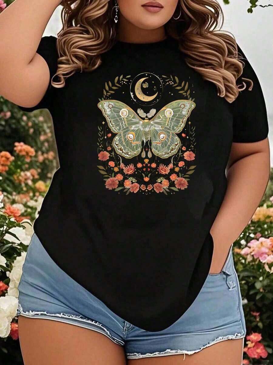 Plus Size T-Shirt With Butterfly, Moon And Flower Design For Women, Casual Summer Top, Nature Inspired Graphic Tee, Boho Style, Ideal For Garden Parties Or Festivals. - 黑色 - 查看 1