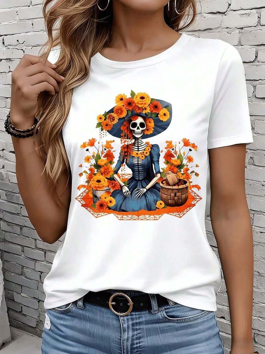 Camiseta de manga corta para mujer, informal, para el hogar y actividades al aire libre, con diseño de la Catrina del Día de Muertos, esqueleto de mujer con flores y cesta, camiseta blanca, ideal para ocio, actividades al aire libre, vacaciones, fiestas, regalo. - Blanco - Ver 1