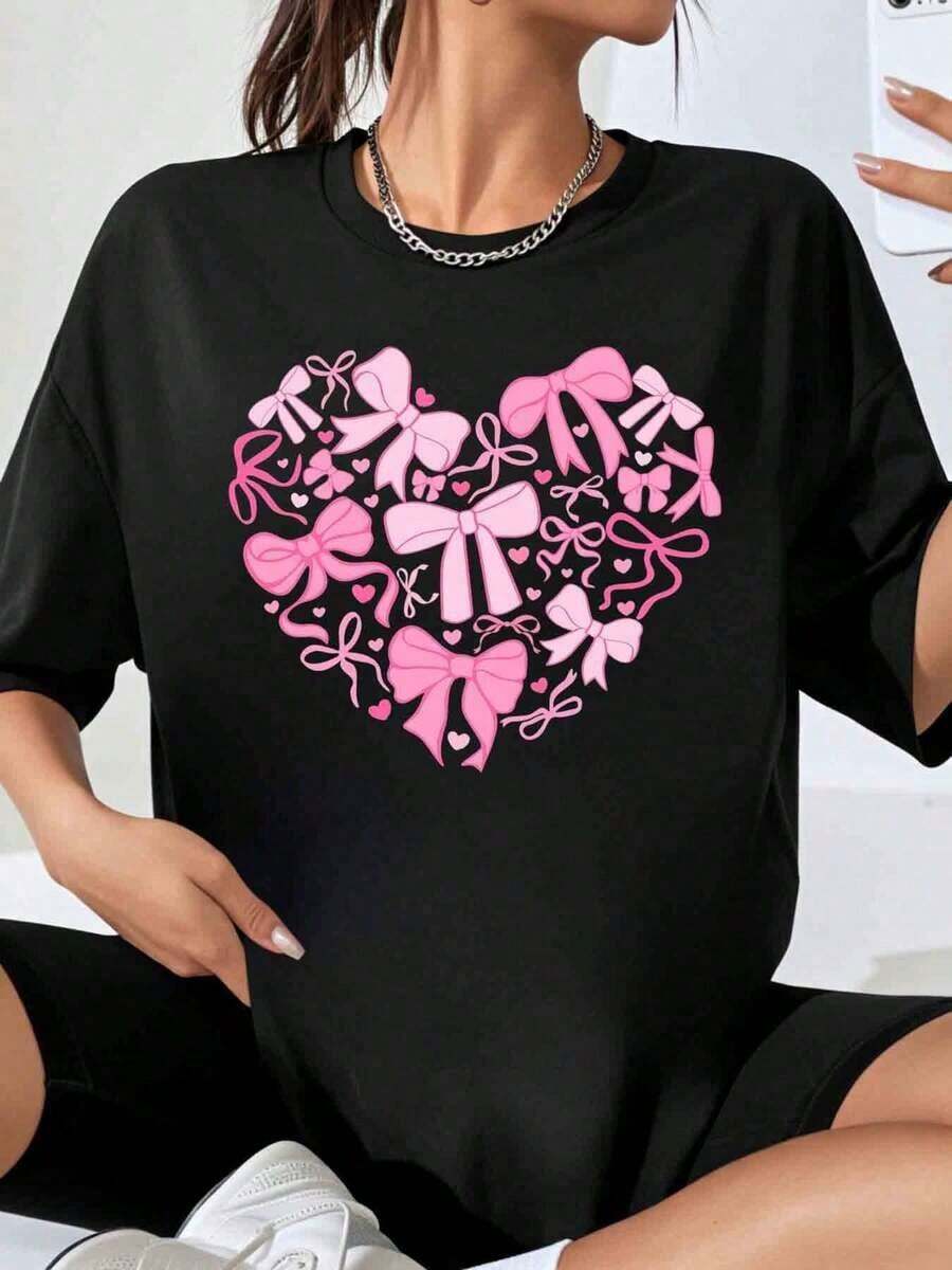 Women's Oversized T-Shirt With Hearts And Bows Print, Casual Top With Pink Bows Design, Valentine's Day Gift, Fashion T-Shirt - 黑色 - 查看 1