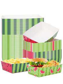10/20/40pcs Green & Red Watermelon Pattern Paper Food Trays - 5.3" X 3.5" X 1.7" Summer Fruit Theme Snack Boats, For Fries, Nachos, Hot Dogs, Summer Pool Party, BBQ, Baby Shower, Holiday, Event, Birthday Supplies For Men & Women - Multicolor - View 3