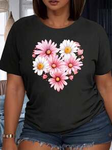 Camiseta Blanca con Diseño de Corazón Floral para Mujer, Top Casual de Verano con Estampado Gráfico de Margaritas y Flores Rosas, Cuello Redondo, Manga Corta, 220g, 100% Algodón - Negro - Ver 6