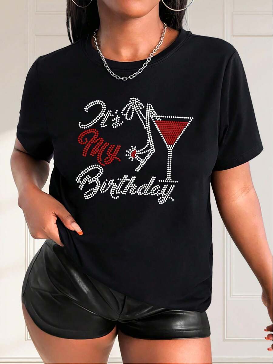 Women'S Sparkling Celebratory Cocktail Print Birthday T-Shirt - Polyester Casual Crew Neck Top With Medium Stretch - Knit Graphic Tee For Spring/Summer/Fall - Black - View 1