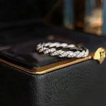 Women's Delicate Small Cubic Zirconia Inlaid White Gold Plated Twisted Rope Braided Ring - White Gold - View 4