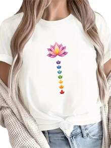Cozy Comfy Lounge, camiseta cómoda de una pieza para mujer, primavera/verano, estampada con motivos de loto y siete chakras, elegante para fiestas, regalo de vacaciones, ropa suave y relajada para el hogar. - Negro - Ver 6